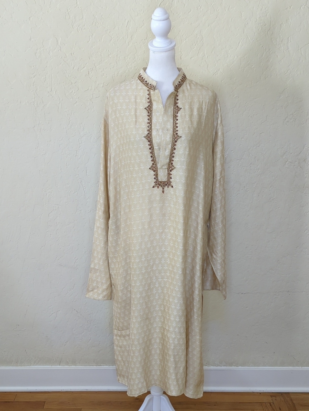 Kashish Men's Tan Embroidered Neckline Kurta Size 42 US XL